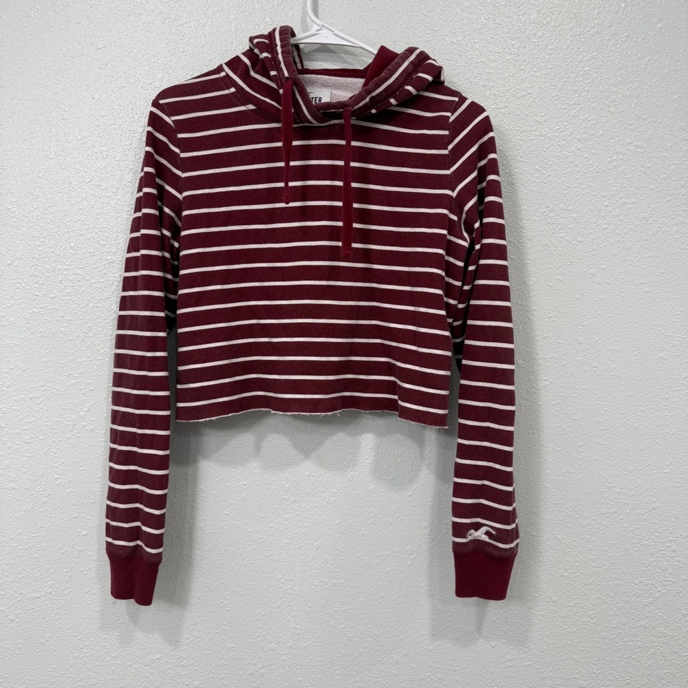 Hollister Burgundy White Striped Cropped Hoodie Sweatshirt XS Raw‎ Hem Casual
